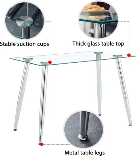 Miniatura 6 de Mesa de comedor rectangular moderna y minimalista de cristal para 4 y 6 personas con mesa de vidrio templado de 0.31 pulgadas y patas de metal