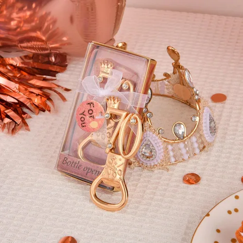 Miniatura 8 de 24 cajas de abrebotellas de cumpleaños número 70 con temática de oro rosa, favorecidas para regalos de fiesta de boda dorada 70, recuerdos de fiesta
