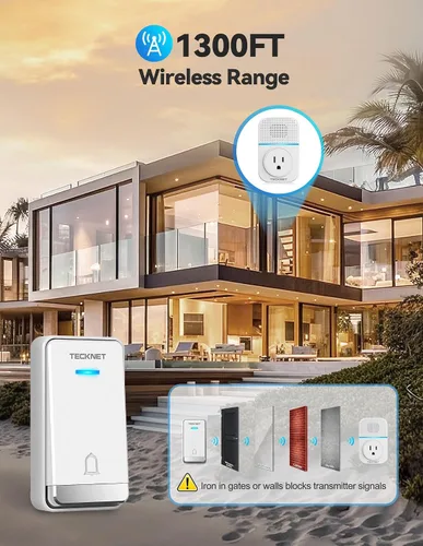 Miniatura 6 de TECKNET Timbre Inalámbrico, Timbre Autoalimentado, Timbre Inalámbrico de 0-110db con Enchufe para Casa y Aula, Timbre de Puerta Impermeable IP66