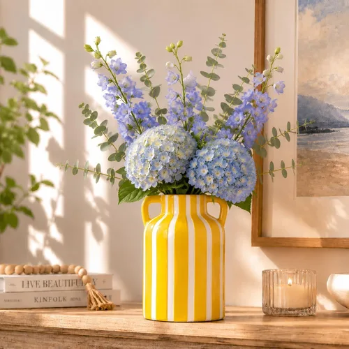 Miniatura 3 de Jarrón de cerámica amarillo y blanco con asas, jarrón floral a rayas para decoración del hogar, flores para cocina, estantería, manto, decoración