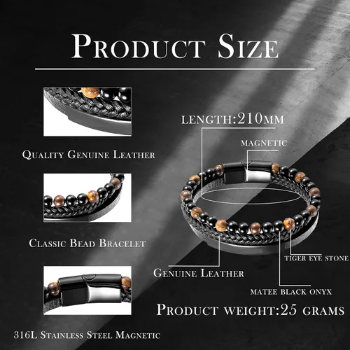 Miniatura 6 de Raymard Pulsera de cuentas de piedra volcánica de piedra volcánica de ónix negro y ojo de tigre mate para hombre, pulsera de cuero trenzado negro