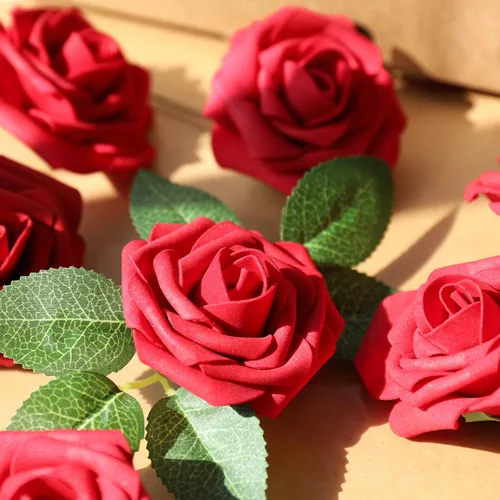 Miniatura 6 de AmyHomie Flores artificiales rosas rojas, 25 rosas falsas de aspecto real con tallo para ramos de boda, centros de mesa, arreglos de fiesta, baby