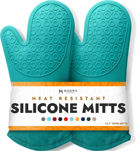 Guantes de horno de silicona con forro de algodón acolchado – profesional resistente al calor olla de cocina soportes – 1 par 2-Turquesa