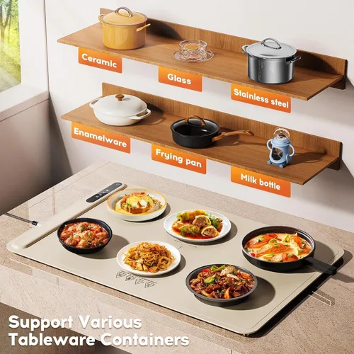 Miniatura 2 de Esterilla de calentamiento para alimentos, bandeja de calentamiento eléctrica Voriah con 3 ajustes de temperatura y apagado automático, calentador