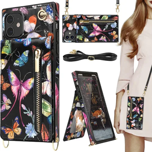 Compatible para iPhone 11 Funda tipo cartera con tarjetero, correa cruzada, funda protectora tipo folio de piel para mujeres - Mariposa