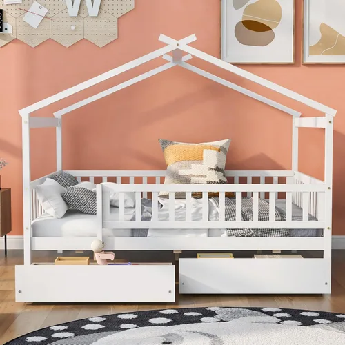 Miniatura 3 de Bellemave Cama de plataforma Montessori Full House para niños con 2 cajones de almacenamiento, barandillas y techo, madera maciza tamaño matrimonial