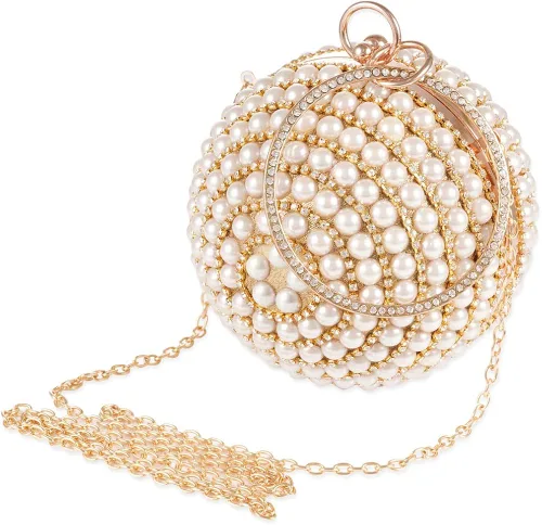 Miniatura 9 de Bolso redondo de la bola del embrague de la mujer deslumbrante completo Rhinestone borlas anillo de la manija del bolso de las perlas de la noche