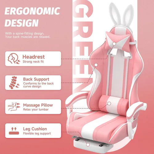 Miniatura 6 de Ferghana Kawaii Bunny Ears - Silla de juegos con reposapiés y masaje, silla ergonómica de cuero para juegos de computadora para niñas, adultos, Rosa