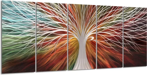 Miniatura 2 de Yihui Arts Arte abstracto de metal para pared, árbol de la vida, hecho a mano, 5 piezas, paneles grandes, grandes, únicos, de aluminio 3D, moderno
