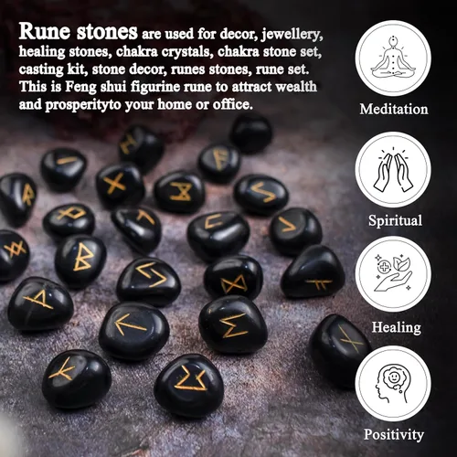 Miniatura 2 de Crocon Piedras preciosas de turmalina negra Alfabeto Futhark Alfabeto Grabado Runa Piedra 25 Piezas Set para Feng Shui Chakra Equilibrio Reiki