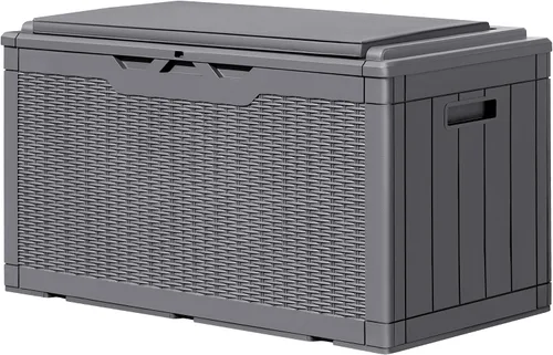 Miniatura 13 de GUNJI Caja de resina de 100 galones con cojín, caja de almacenamiento grande resistente a la intemperie al aire libre, contenedor de almacenamiento