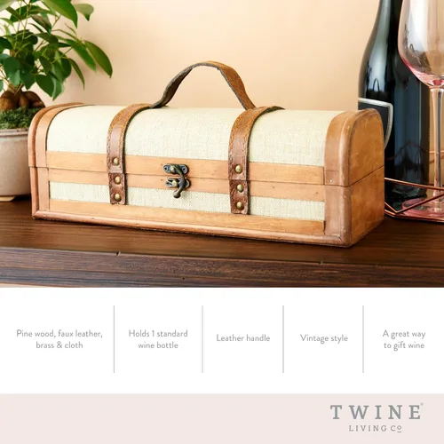 Miniatura 2 de Twine Caja de regalo vintage para botella de vino, caja de vino de madera con tapa y asa, madera, piel sintética, latón, tela, capacidad para 1
