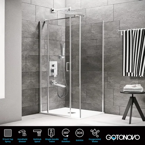 Miniatura 2 de gotonovo Juego de grifo de ducha de lujo de 3 funciones de 12 pulgadas, sistema de ducha de lluvia montado en la pared con boquilla de bañera, Cromo