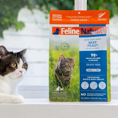 Miniatura 7 de Alimento para gatos seco de alta proteína de Feline Natural, dieta liofilizada con 98% de carne, órganos y mariscos, sin guisantes, granos