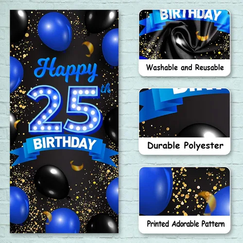 Miniatura 3 de Cartel de feliz cumpleaños 25 color azul y negro, decoración temática de globos de confeti para mujeres de 25 años, suministros de cumpleaños