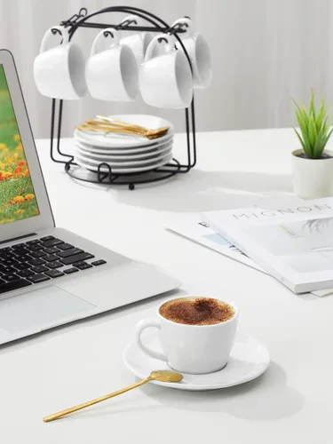 Miniatura 5 de Tazas de café de 4 onzas con platillos y soporte de metal, cucharas, tazas de café apilables de porcelana, tazas Demitasse, perfectas para expreso
