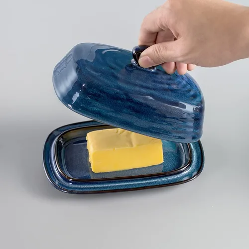 Miniatura 5 de Mantequillera con tapa, soporte de cerámica para mantequilla con tapa y asa para encimera, recipiente de mantequilla de porcelana para mantequilla