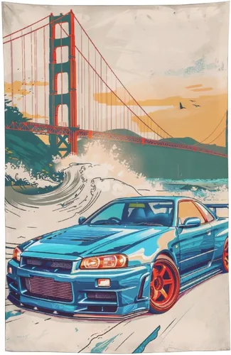 Miniatura 32 de QEOPGNE Tapiz grande para colgar en la pared, diseño de puente de puerta dorada, grandes olas, japonés, retro, Jdm, auto, R34, tapiz para 2