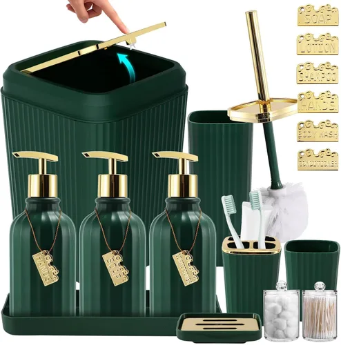 Miniatura 50 de 21PCS Bathroom Sets with Shower Curtain and Rugs Bathroom Accessories Set Beige Bathroom Set Complete with Trash Can, Toilet Brush, Qtip Holder &