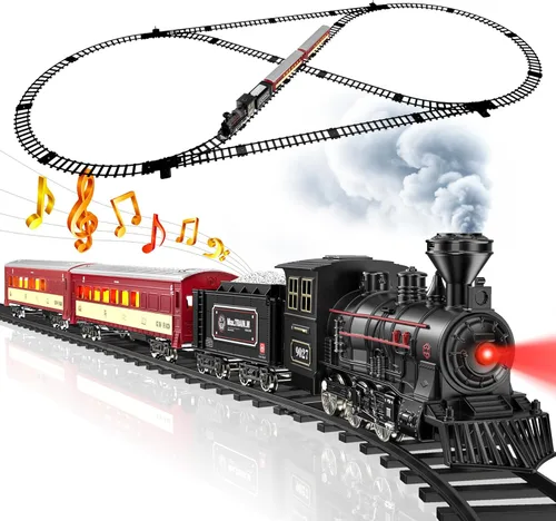 Miniatura 10 de Hot Bee Juego de tren – Juguetes de tren para niños con humo, luces y sonido, pistas, tren de juguete con locomotora de vapor, coches de carga