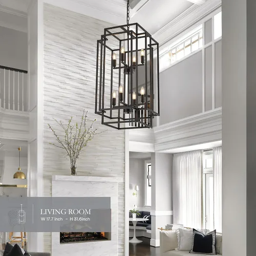 Miniatura 6 de lámpara colgante de farol de 8 luces en forma de escalones, lámpara de araña de granja de metal negro para colgar en vestíbulo de entrada, comedor