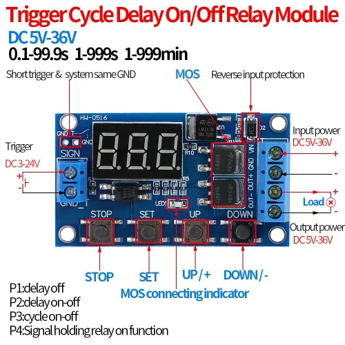 Miniatura 3 de Relé de temporizador, módulo de retardo de pantalla LED, CC 5V-30V, relé de retardo de tiempo, ciclo de encendido/apagado, placa de interruptor