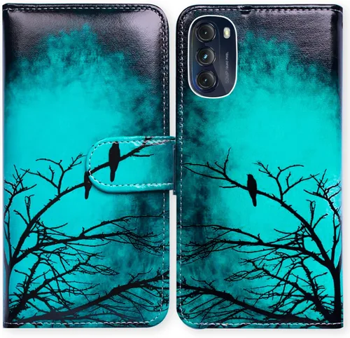 Bcov Funda para Moto G 5G 2022, funda de cuero verde pájaro negro con tapa para teléfono con ranura para tarjeta y soporte para Motorola Moto G 5G