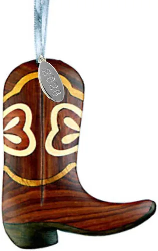 Twisted Anchor - Adorno de bota de vaquero 2025 – Adorno de Navidad de madera de dos tonos – Diseño de Intarsia – Adorno occidental – Viene en una