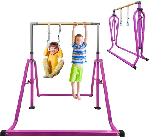 Miniatura 14 de GLANT Barra de gimnasia para niños con juego de anillos, 7 alturas ajustables, fácil de plegar, barra de entrenamiento de gimnasia para niños