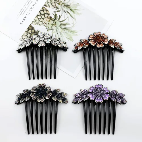 Miniatura 6 de inSowni Paquete de 6 peines laterales de plástico negro con purpurina brillante para el cabello, con diseño de hojas y flores, horquillas