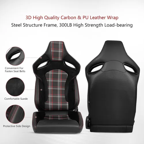 Miniatura 3 de IKON MOTORSPORTS, Asiento universal de carreras PU + cuero de carbono + gamuza, con deslizadores dobles, asiento deportivo reclinable negro