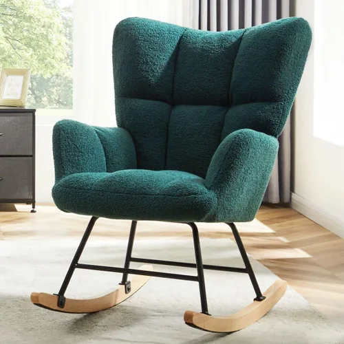 Miniatura 8 de Silla mecedora para guardería, otomana de acento bohemio, silla mecedora tapizada de peluche con respaldo alto para sala de estar, espacios