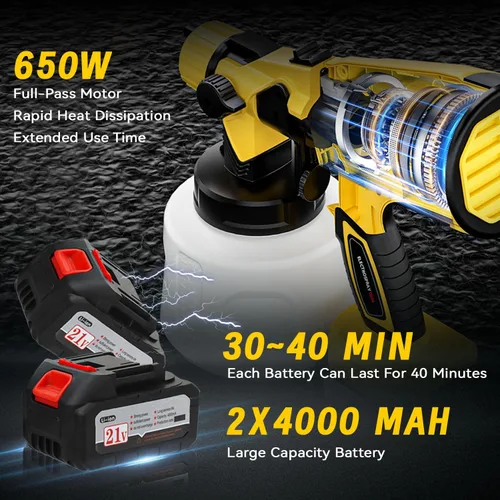 Miniatura 4 de Pistola de Pintura Inalámbrica con Batería de 2 de 4000mAh, 5 Boquillas y 3 Modos de Pulverización Ajustables, Pistola de Pintura con Contenedor