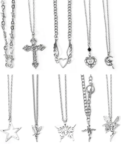 Juego de 10 piezas de collar Y2k para mujer, accesorios góticos grunge, collares de joyería, cruz gótica, espinas de hadas, ángel gótico, corazón,