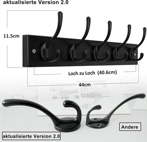 Miniatura 6 de Dseap Perchero de abrigos montado en la pared: 16" de agujero a agujero, colgador de abrigos con 5 ganchos de metal para colgar abrigos, toallas