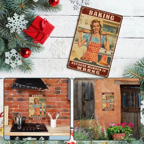 Miniatura 6 de Letrero de hojalata retro para mujer, con texto en inglés "Baking Because Murder is Wrong", divertido rústico, decoración de pared, arte de pared