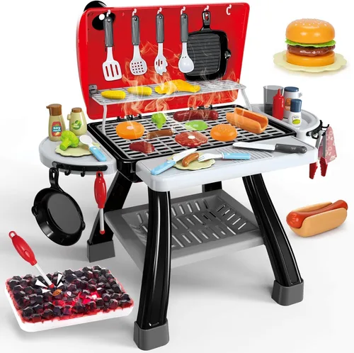 Juguetes de Cocina de Juego para Niños, Parrilla BBQ de Cocina para Niños con Humo, Sonido y Luz, Juguetes de Comida de Juego Conjunto de Cocina,