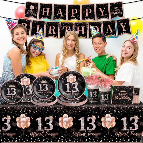 Miniatura 5 de 142 piezas de vajilla de cumpleaños de 13 años para niñas, suministros de fiesta de cumpleaños de color oro rosa para ella, mantel desechable