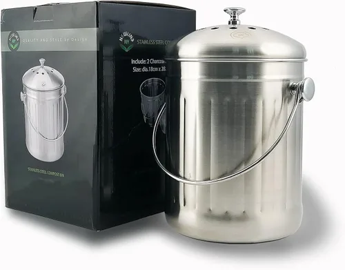 Miniatura 3 de NewlineNY - Cubo de compost de acero inoxidable para encimera de cocina, cubo de reciclaje de 1.3 galones con 2 filtros de carbón
