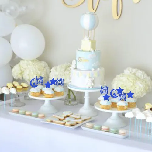 Miniatura 5 de 24 piezas de adornos para cupcakes para bebé niño con purpurina luna, estrella, baby shower, revelación de género, cupcakes para celebrar cumpleaños
