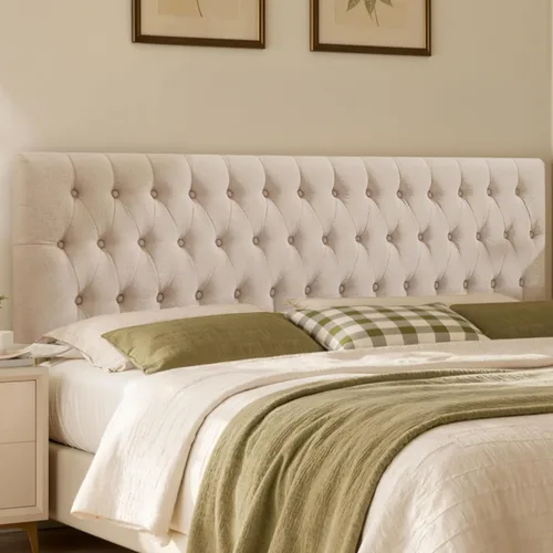 Kingfun Cabeceras con diseño moderno de botones, cabecera de cama tapizada y acolchada de tela de lino premium, cabecera de madera maciza ajustable