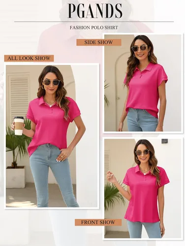 Miniatura 4 de PGANDS Camisa polo de manga corta para mujer, cuello de verano, con botones, casual, cuello en V, ajuste holgado
