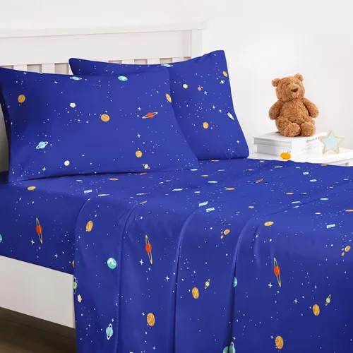 Miniatura 3 de Wake In Cloud - Sábanas espaciales para niños, 100% algodón, juego de sábanas de 4 piezas para niños, Galaxy Celestial, estrellas, cohetes