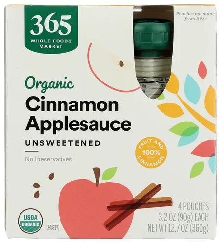 365 by Whole Foods Market, Sobres de Puré de Manzana con Canela Orgánico, Sin Azúcar, 3.2 onzas (Paquete de 4)