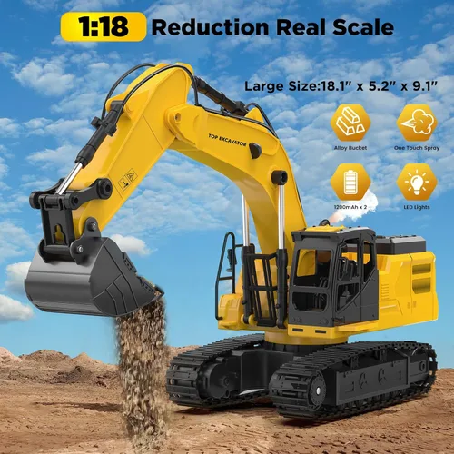 Miniatura 2 de Juguete de excavadora RC de metal 1:18 para niños Vehículo de construcción de control remoto de 11 canales con rociador de agua, luces y sonidos