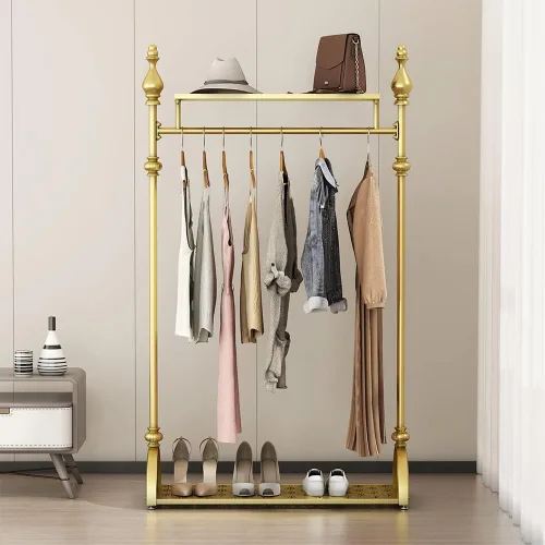 Miniatura 7 de Perchero de ropa dorado, perchero industrial para colgar ropa con estantes dobles independiente, multifuncional, resistente, perchero de metal móvil