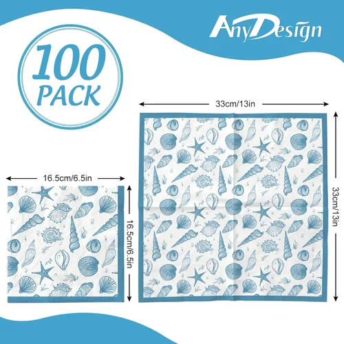 Miniatura 2 de AnyDesign Paquete de 100 servilletas de almuerzo de concha de mar, conchas de océano azul, conchas de playa, servilletas de papel desechables