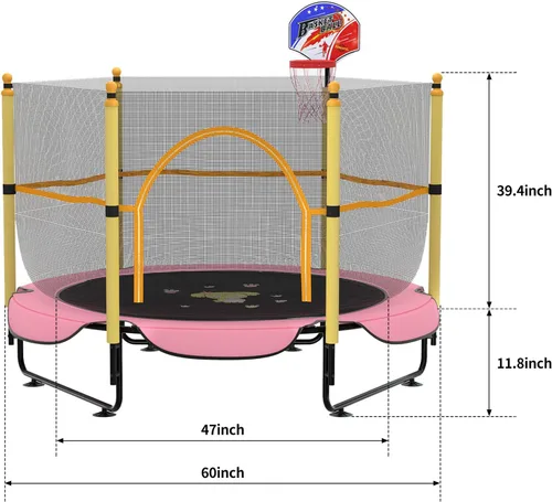 Miniatura 2 de Trampolín de 5 pies para niños pequeños con red de seguridad, mini aro de baloncesto, tapete de salto para equipo de entretenimiento en el hogar