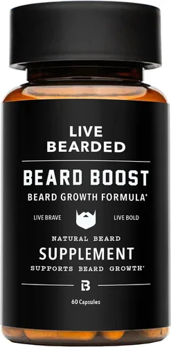 Live Bearded Beard Boost - Vitaminas para el crecimiento de la barba para hombres con biotina, colágeno, sílice, raíz de Fo-Ti, crecimiento facial