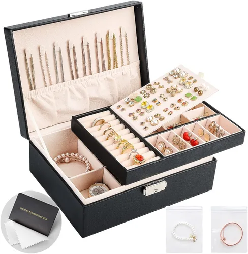 Sanikeon Cajas de joyería para mujeres y niñas 2 capas organizador de joyas caja de cuero con cerradura caja de almacenamiento de joyas bandeja